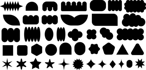 Set of abstract black geometric shapes, blobs, stars, and icons on transparent background. Perfect for branding, logo elements, stickers, or modern design templates