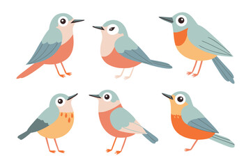 Whimsical Birds in a Row: A collection of six charming cartoon birds, each with unique features, standing proudly, ready to take flight.