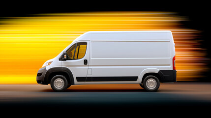 A white van speeding on a blurred yellow background, highlighting speed and delivery