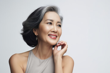 Chinese woman with smooth healthy skin touch face. Young looking and happy smiling Asian woman for natural beauty and cosmetics by AI generative
