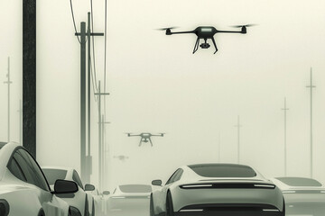 Drones monitoring traffic on a foggy road with autonomous cars. Concept of smart city, future transportation, surveillance.