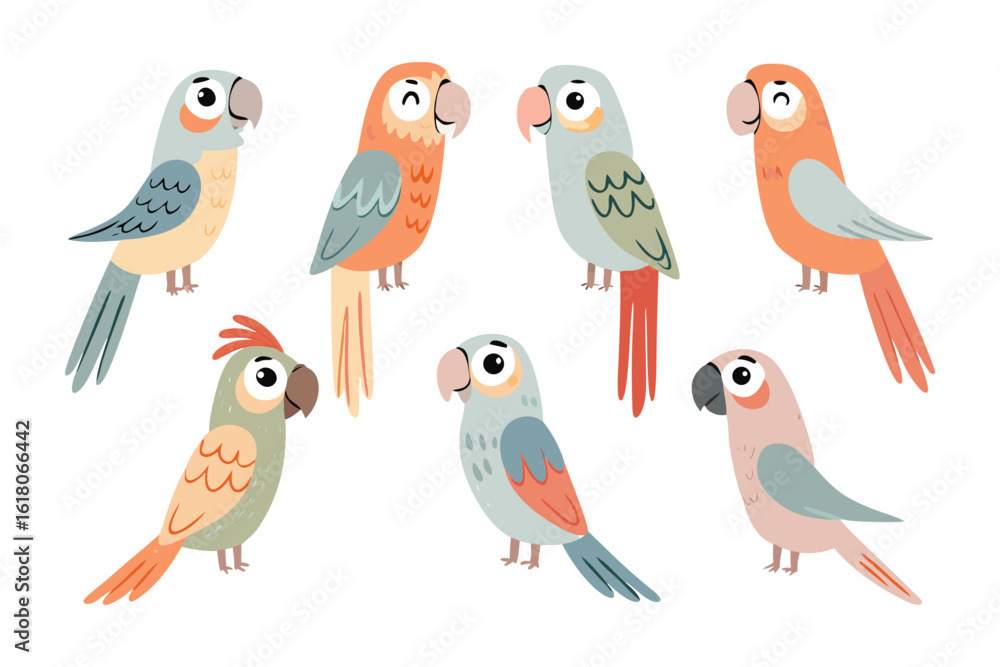 Poster vibrant parrot ensemble: an array of colorful parrots showcases a spectrum of hues and a hint of pla