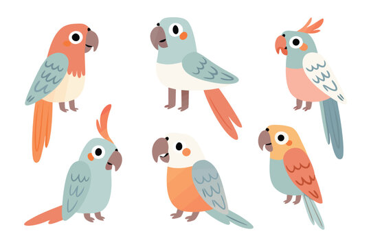 Colorful parrots in playful array: Delightful group of vibrantly colored parrots with various postures. showcasing their unique details, friendly, lively and energetic.
