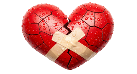 Broken red heart with tape and water drops close up png isolated on transparent background
