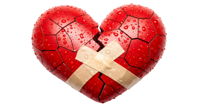 Broken red heart with tape and water drops close up png isolated on transparent background