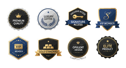 Collection of elegant and sophisticated badge designs showcasing premium quality, luxury editions, exclusive access, VIP membership, gold standard, opulent design, and elite product branding elements.