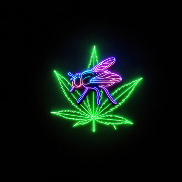 A vibrant neon art piece featuring a glowing purple and blue fly resting on a bright green cannabis leaf against a solid black background for a modern, edgy look.
