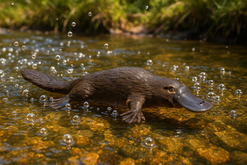 Obraz premium platypus swimming in shallow stream, bubbles around, rare scene