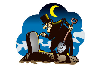 Creepy man standing with a shovel at a gravesite in moonlight