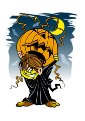 Boy dressed up for Halloween with black cape and pumpkin head with a dark night sky and moon in the background