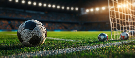 Soccer ball in the stadium in front of the goal. Useful for articles about sports and sporting events.