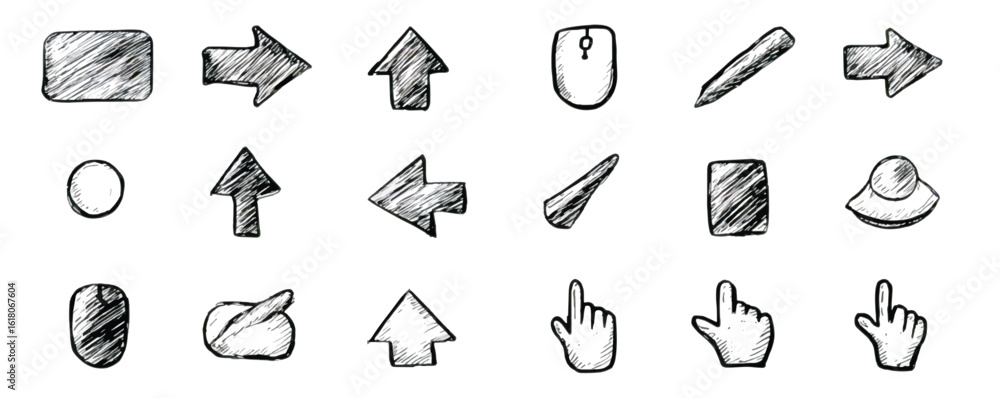Poster hand drawn sketch style icons of navigation and computer accessories featuring arrows mouse and hand