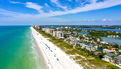 Naklejka premium Panoramic aerial view showcasing Fort Myers Beach, Florida, with pristine coastline