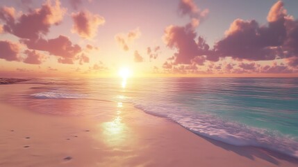 Gentle waves kiss the shore beneath a glowing sky as dawn breaks peacefully over the ocean’s edge.

