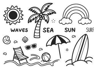 A Comprehensive Collection of Hand-Drawn and Silhouette Beach & Surf Themed Doodles, Icons, and Summer Elements in Black and White