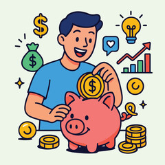 a person happily saving money into a piggy bank.eps