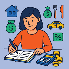 woman planning personal budget on a notebook and calculator.eps