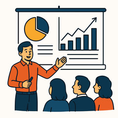 business presentation with charts and graphs on a projector screen, audience listening.eps