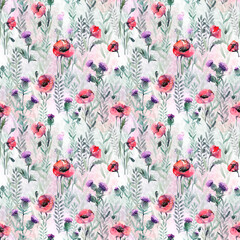 A pattern with poppies for a scarf, fabric, and packaging. Seamless botanical pattern with red wildflowers.