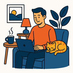 a freelancer working from home with a laptop, coffee, cat, and cozy room environmen.eps