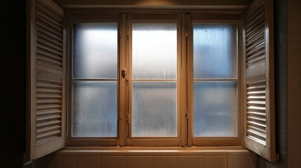 Fototapeta premium A misty window with wooden shutters, creating a cozy and tranquil atmosphere in a softly lit room.