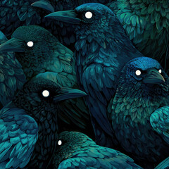 A spooky and mysterious seamless pattern of dark, gothic crows with glowing white eyes, creating an intense, magical, and atmospheric background for a fantasy theme.
