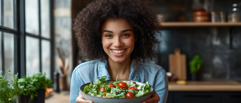A woman with a smile holds a bowl of salad in a modern kitchen, useful for articles on healthy eating and cooking.