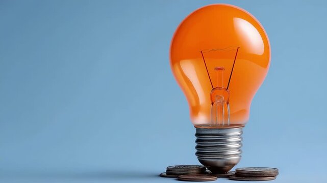 A light bulb is sitting on top of a pile of coins. The light bulb is orange and the coins are silver. Concept of nostalgia and simplicity, as the light bulb represents a basic form of illumination