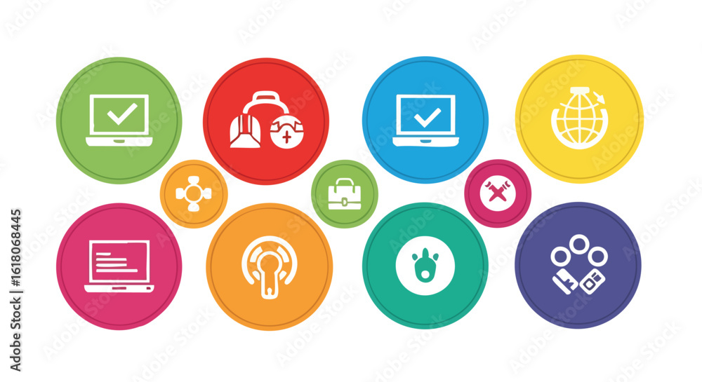 Aufkleber a collection of colorful, circular icons representing various aspects of technology, including a lap