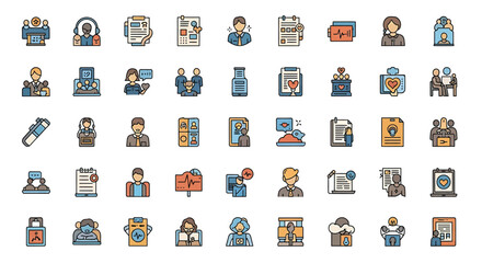 Fototapeta premium Flat Colored Human Resource and Business Management Icon Collection
