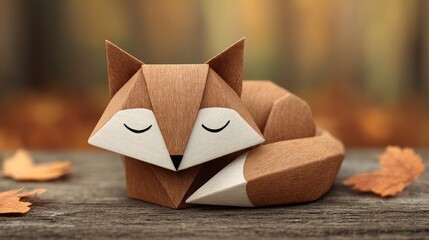 Handmade origami fox in cozy sleeping pose japanese paper craft art serene nature environment gigapixel standard