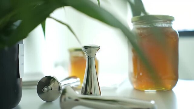 Amber Honey Jar with Silver Dipper and Green Plant Still Life