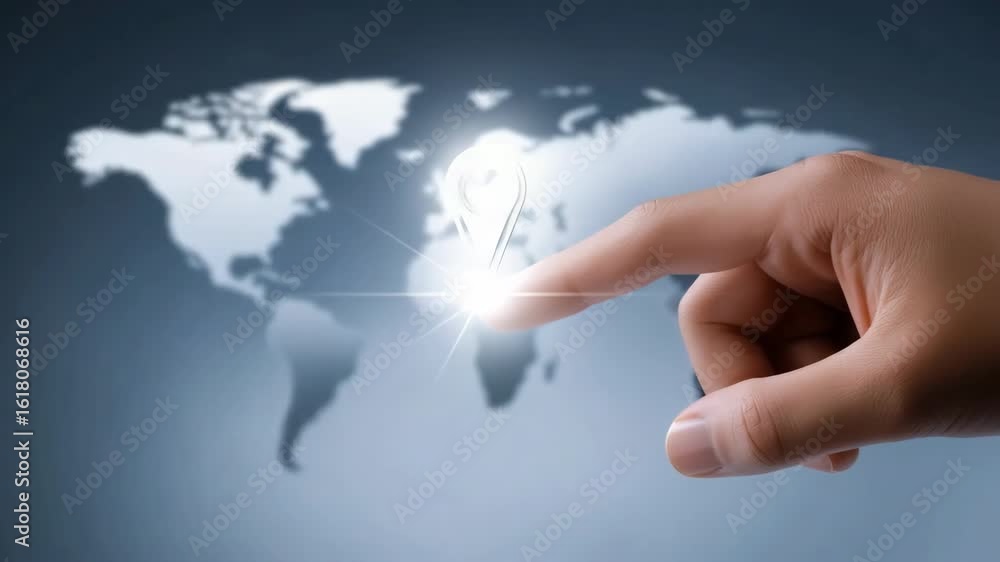 Poster a hand pointing at a map with a pin on it. concept of navigation and direction