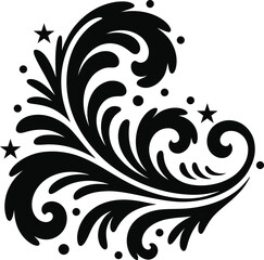 Elegant black swirls and flourish curved scroll ornate decorative design element, Abstract Tribal Style Motifs ornament isolated on transparent background

