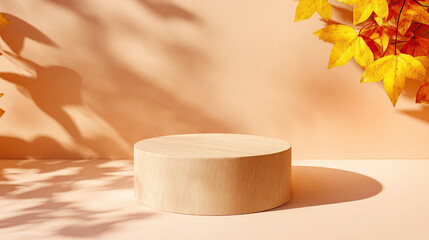Minimalistic wooden round podium on soft beige background with orange and yellow leaves, textured shadows. Autumn backdrop for product display