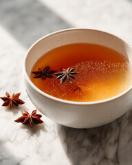 Pho broth and anise in bowl, feeling warm and savory on marble table