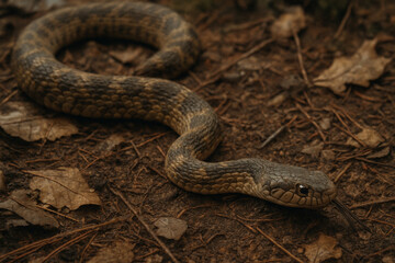 Fototapeta premium snake slithering across forest floor, earthy tones, texture detail