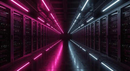Futuristic Data Center Interior with Symmetrical Neon Lighting and Server Racks 