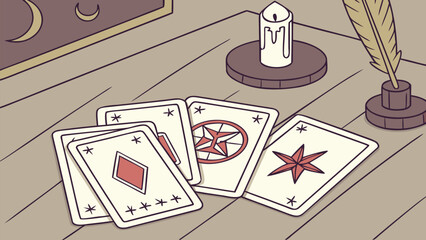 Still life of tarot cards on a table with a candle and quill with a moon art piece on the wall above it