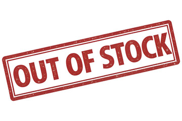 Distressed Red "Out of Stock" Rubber Stamp Impression, Indicating Scarcity and Urgency on transparent background