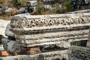 Decorative element of the cornice of a building on the ruins of the ancient city of Sagalassos in Turkey
