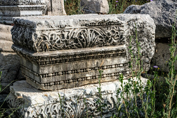 Decorative element of the cornice of a building on the ruins of the ancient city of Sagalassos in Turkey