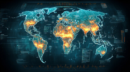 World map with glowing orange areas and digital data overlays. Concept of global warming, climate change, data visualization.