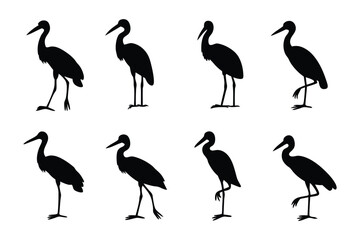 Silhouette of the Crane: A set of silhouette of Crane bird captured, a classic illustration of wildlife, with its silhouette standing out.