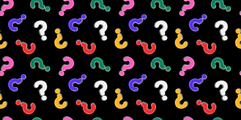 Question mark drawings on black background. Colorful abstract seamless pattern for customer service, presentation, conversation, communication, faq help concept