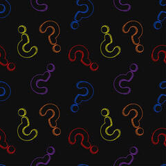Colorful question marks seamless pattern on black background. Outline drawings in sketch style. Customer service, communication, faq help concept