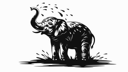 Fototapeta premium Illustration of an elephant spraying water with its trunk in black and white stencil style design art silhouette