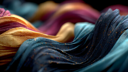 Abstract flowing fabric sculpture rendered in vibrant hues against a deep black background, realistic, HD