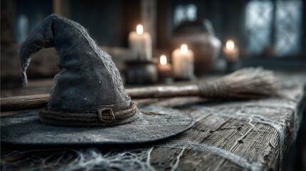 Old witch hat on rustic wooden table with cobwebs, witch hat with cobwebs for Halloween decor, close up of old witch hat on wooden table