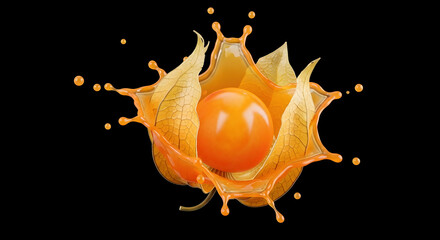 Obraz premium Cape Gooseberry with Juice Splash on Black Background, Physalis Peruviana Isolated